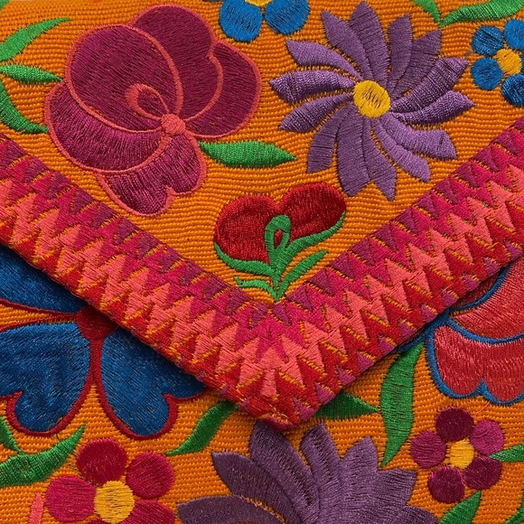 Orange Floral Embroidered Clutch Purse, New, Mexican Style - Picture 6 of 8